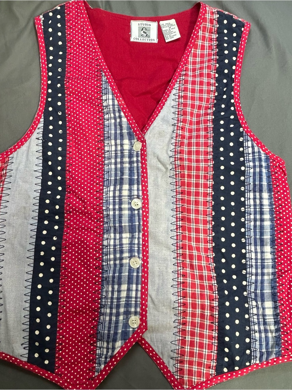 Vtg Studio Collection Woven Patchwork Plaid Gingham Lattice Style Denim Vest M